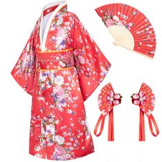 PRICES MAY VARY. Material:High quality satin polyester(Imitation silk) Package includes: Kimono robe , Belt, Backband, Silk folding fans，Hairstick -5 piece set Suit for: Daily wear ,Children party dress,Fun as birthday or holiday gifts,Halloween party uniforms, Cosplay party uniforms. A great costume or gift for festival and so on This kimono Yukata robe with classic traditional Japanese style will provide you a soft and comfortable experience.Luxurious silky feel and look, It is light weight an Traditional Japanese Clothing, Japanese Kids, Cute Kimonos, Japanese Traditional Clothing, Kimono Gown, Baby Costumes Girl, Children Party, Dress Kimono, Japanese Clothing