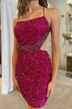 Fuchsia Sequin Homecoming Dresses Cross Back Mini Party Gown, LTP2958 – Laylatailor Shop Pretty Bridesmaid Dresses, Mini Gown, Sequin Homecoming Dress, Short Homecoming Dresses, Homecoming Dresses Tight, Two Piece Homecoming Dress, Mini Party, Party Gown, Sweet 16 Dresses