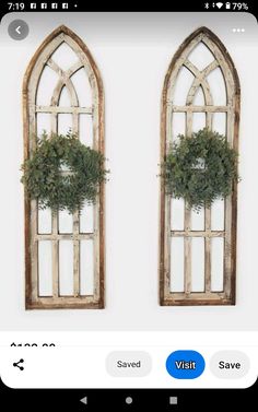 two wooden windows with wreaths on them