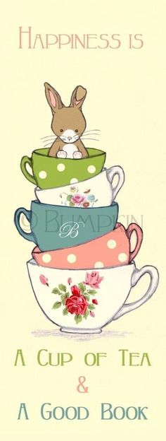 a stack of tea cups with a bunny sitting on top of each cup and the words happiness is