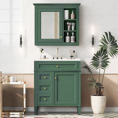 a bathroom with green cabinets and a white sink in front of a potted plant