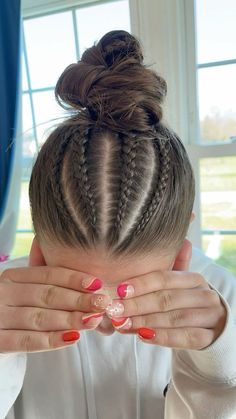 Cool Dance Hairstyles, Braided Hairstyles Volleyball, Cool Hairstyles With Braids, Difficult Braided Hairstyles, Basketball Hairstyles For Long Hair, Volleyball Hair Braids, Volleyball Hairstyles For Big Foreheads, Braided Hairstyles For Teens White, Four Braids Into A Bun