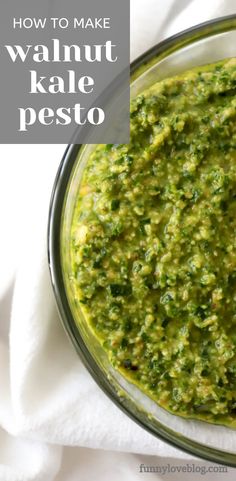 how to make walnut kale pesto in a glass bowl on a white towel