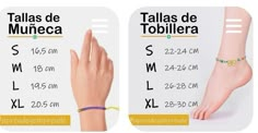 two different types of bracelets with names and measurements for each individual person's foot