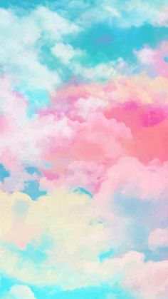 the sky is filled with pink and blue clouds in pastel colors, as well as white fluffy clouds