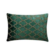 a green and gold pillow on a white background