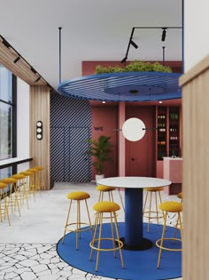 a room with yellow stools and tables in the center, surrounded by colorful walls