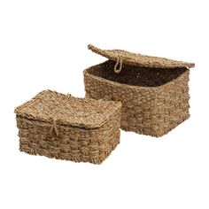 two woven baskets with lids and handles are shown on a white background, one is empty