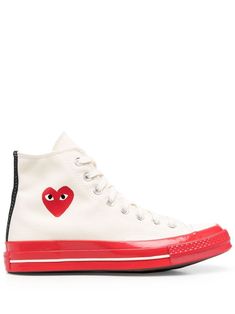 heart patch high-top sneakers from COMME DES GARÇONS PLAY featuring bone white, red, signature heart patch, ankle-length, front lace-up fastening, round toe and flat rubber sole. | Comme des Garçons PLAY Heart Patch High-Top Sneakers Medium Fit High-top Sneakers With White Sole, White High-top Sneakers With Logo-print Tongue, Red Low-top Sneakers With Logo-print Tongue, Streetwear High-top Sneakers With Logo-print Tongue, Casual Mid-top Sneakers With Logo-print Tongue, Casual High-top Sneakers With Logo-print Tongue, Red High-top Sneakers With Logo-print Tongue, Casual High-top Sneakers With Logo-print Tongue And White Sole, White High-top Sneakers With Logo Patch