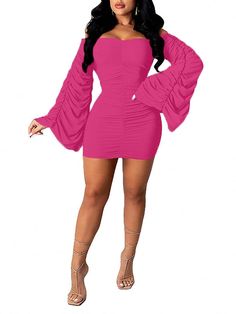 Material:90-95% Polyester. Features:Flare long sleeve. ruched. off-shoulder. solid color. bodycon mini dresses.Style:Party. Cocktail Beach, Floral Dress Formal, Boho Swimwear, Lace Formal Dress, Flare Long Sleeve, Custom Size Dresses, Split Maxi Dress, Clubwear Dresses, Dresses Style