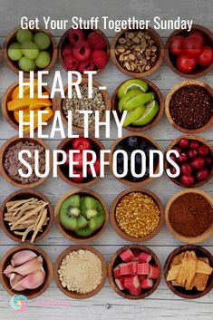 bowls filled with different foods and the words heart healthy superfoods