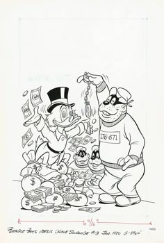 an ink drawing of two cartoon characters standing in front of a table full of money