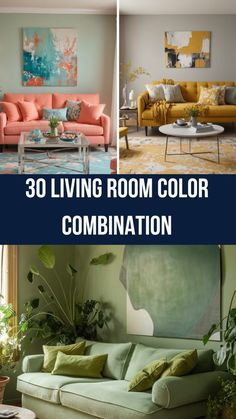 the living room color combination is bright and colorful, with green plants in vases