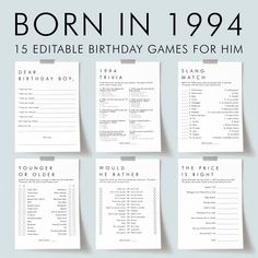 the birthday games for him are shown in black and white, with text that reads born in 1994