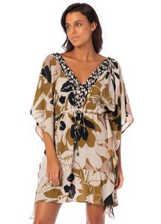 Maaji Vintage Garden Lilith Kaftan V-neck Beachwear Kaftan For Poolside, V-neck Floral Print Tunic For Beach Cover-up, Flowy V-neck Tropical Kaftan, Summer Kaftan For Brunch, Chic Printed Beach Dress Cover-up, Chic Printed Beach Dress For Cover-up, Summer Beachwear Kaftan For Brunch, V-neck Kaftan For Vacation Poolside, Flowy V-neck Beachwear Swimwear