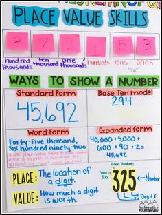 a white board with numbers and place value skills written in different colors on the back