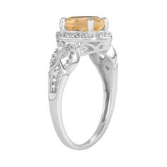 Add some sparkle to your style with this citrine and diamond accent ring. Click on this JEWELRY & WATCHES GUIDE to learn about fit, styles, materials and more!RING DETAILS Width: 10.60 mm Metal: sterling silver Plating: rhodium Finish: polished STONE DETAILS Stone type: genuine citrine Shape: oval Setting: prong Diamond weights are approximate. Diamond total weights may vary between .01 and .08 ct. Some diamonds have fewer than 17 facets.Diamond equivalent carat (ct.) Total Weight (T.W.) represe Formal Citrine Birthstone Ring In Fine Jewelry Style, Classic Citrine Rings With Accent Stones, Formal Fine Jewelry Citrine Birthstone Ring, Citrine Birthstone Ring For Formal Occasions, White Gold Citrine Rings With Accent Stones, Formal Birthstone Topaz Ring, White Gold Diamond Ring With Citrine Accent Stones, White Gold Citrine Diamond Ring With Accent Stones, Classic Citrine Birthstone Ring With Center Stone