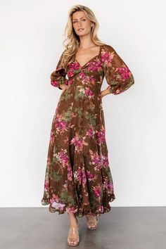 Estefania Maxi Dress | Brown Floral V-neck Dress With Ruched Bodice For Brunch, Floral Print Dresses With Sweetheart Neckline And Fitted Bodice, Floral Print V-neck Cocktail Dress, Floral Print Dress With Sweetheart Neckline, V-neck Floral Print Dress For Cocktail, Floral Print Empire Waist Midi Dress For Garden Party, Floral Empire Waist Midi Dress For Garden Party, Brunch Floral Print Dress With Fitted Bodice, Elegant Floral Print Midi Dress With Empire Waist