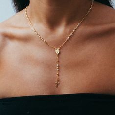 The Pearl Mary Rosary Cross Necklace Metal: 18KT Gold Filled Length: 18" + 2" Drop Good Cross Necklace, Cross Necklace Gothic, Cross Necklace Stack, Cross Necklace Aesthetic, Pearl And Gold Necklace, Gold Rosary Necklace, Catholic Jewelry Necklace, Rosary Cross, Rosary Style Necklace