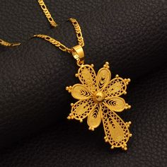 Anniyo Ethiopian Cross Pendant Chain Necklaces For Women Girls,Gold Plated Eritrea Jewelry African. Size One And New Flower Chain Necklace For Gift, Flower Shaped Chain Necklace For Gift, Yellow Filigree Jewelry, Ethiopian Cross, Ethiopian Jewelry, Dragon Star, Wood Inlay Rings, Punk Accessories, Masonic Ring