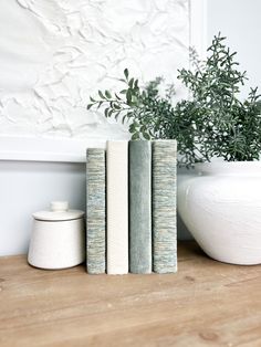 three books sitting on top of a wooden table next to a white vase and plant