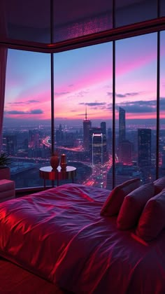 a bed sitting next to a large window in a bedroom under a purple and pink sky