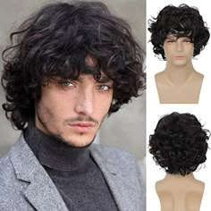 PRICES MAY VARY. Material: This black wigs is made of synthetic high-temperature resistance fiber, which looks very natural,realistic and soft to the touch,very close to the appearance of human hair. Packaged Included:1 wig+1 free wig cap.The wig internal is used with 100% breathable rose net,wig cap to help you wear wig and create a neat looking. Cap Structure: Medium cap size(22.5 inch), with two adjustable strap,fits most perpon's heads,easy to install and make it more comfortable to wear. Su Curly Black Wig, Black Curly Wig, Men's Wigs, Natural Hair Wigs, Mens Wigs, Medium Curly, Cosplay Hair, Short Curly Wigs, Natural Wigs