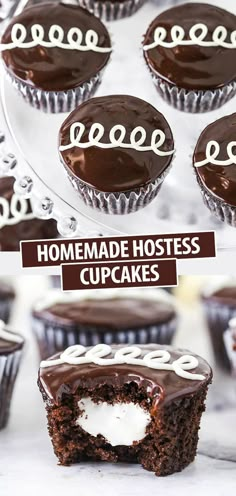 chocolate cupcakes with white frosting and the words homemade hostess cupcakes