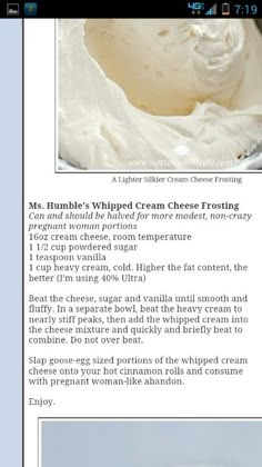 an image of a recipe for whipped cream cheese frosting on the webpages