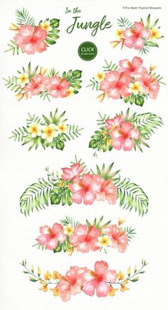 watercolor flowers and leaves are arranged in the shape of a flower arrangement on a white background