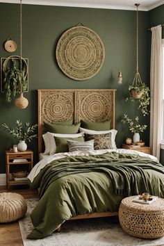 a bed with green sheets and pillows in a room that has plants on the wall