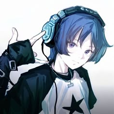 an anime character with blue hair and headphones