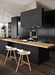 two stools are in front of the kitchen island