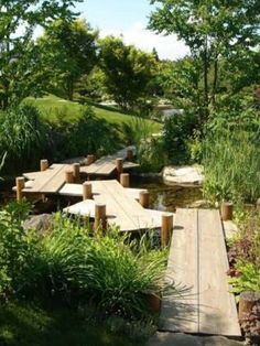 a wooden dock sitting next to a lush green park