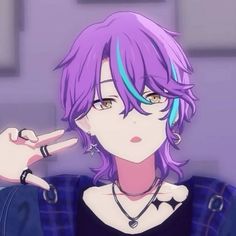 an anime character with purple hair and piercings