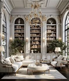 a living room filled with lots of white furniture