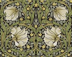 an art nouveau design with white flowers and green leaves on a black background stock photo