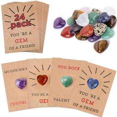 four valentine's day cards with crystals on them