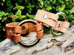 a leather belt with two rings on top of a tree branch in front of some bushes