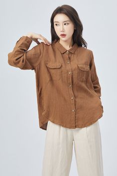 "Introducing our stunning brown linen long-sleeve shirt, crafted from high-quality, breathable linen fabric. The versatile brown color is a timeless classic, pairing well with any outfit. The relaxed fit makes it comfortable and easy to wear, whether dressed up or down. Perfect for any season, this shirt is sure to become a staple in your wardrobe. Details: * 100% linen * Casual Linen shirt, Plus size Linen shirt * long sleeves Linen shirt * Plus size Linen top * Oversize Linen blouse * Fashiona Cheap Brown Cotton Blouse, Linen Blouse Outfit, Casual Linen Shirt, Linen Shirt Outfit, Long Sleeve Linen Shirt, Tan Outfit, Plus Size Linen, Minimalist Shirt, Minimalist Shirts