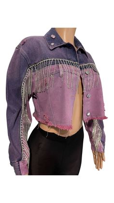 Women crystal fringe denim jean jacket- long sleeve rhinestone denim jean jacket- small fringe denim jacket- Custom made denim jacket -button up denim jacket Trendy Spring Denim Jacket With Rhinestone Fringe, Spring Denim Jacket With Beaded Fringe And Long Sleeves, Fitted Denim Jacket With Fringe For Spring, Trendy Beaded Fringe Fall Outerwear, Casual Denim Jacket With Rhinestone Fringe For Fall, Trendy Denim Jacket With Rhinestone Fringe For Fall, Fitted Long Sleeve Outerwear With Rhinestone Fringe, Fall Denim Jacket With Beaded Fringe And Long Sleeves, Long Sleeve Outerwear With Beaded Fringe For Spring