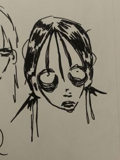 two black and white drawings of people with glasses on their faces, one is looking at the camera