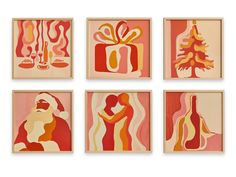 four framed art pieces with different shapes and colors, each depicting a woman holding a christmas tree