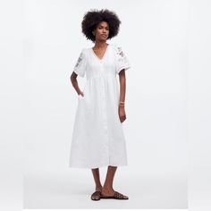 Coming In Linen With Special Embroidered Details, Add This Midi Dress To Your Must-Pack List. Gentle Gathering At The Waist Gives This Button-Front Style A Flattering Shape. Please Note: This Style Runs Small, So We Recommend Ordering One Size Larger Than Your Normal Size. Fitted Bodice, Flowy Skirt. Falls 49" From High Point Of Shoulder (Based On Size M). Linen. Pockets. White Linen Dresses, Maxi Sundress, Midi Slip Dress, Embroidered Linen, Tiered Midi Dress, Striped Midi Dress, Madewell Dresses, Midi Dress With Sleeves, Flowy Skirt