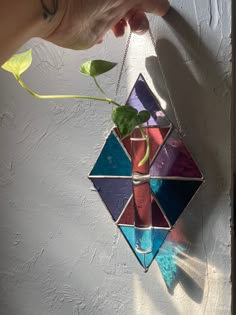 a person holding a plant in front of a stained glass wall hanging ornament