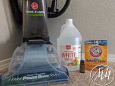 a carpet cleaner and cleaning supplies on the floor