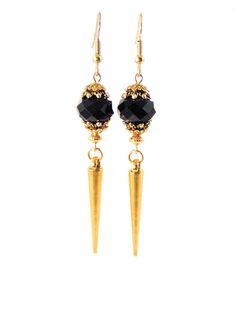 Black Glass Faceted Long Gold Spike Dangle Statement Earrings Clip On Optional Edgy Metal Evening Jewelry, Edgy Drop Earrings For Party, Edgy Metal Earrings For Party, Edgy Single Earring For Parties, Edgy Metal Party Earrings, Edgy Earrings With Ear Wire For Parties, Edgy Party Earrings With Ear Wire, Edgy Dangle Earrings For Party, Edgy Pierced Earrings For Party