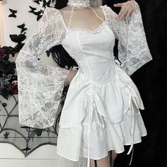 #ad Top Seller for Women Ruffle Dress Long Lace Flare Sleeve Gothic Halloween Party Club Cosplay, Fashion Dress Stylish Formal Dresses, Party Dress White, Ruffle Cake, Summer Black Dress, Fairy Princess, Kawaii Dress, White Dress Party, Black Flare, Gothic Dress