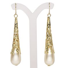 Gold-finished steel and lightweight acrylic-based "pearls" create understated elegance at a fraction of the price. Ready-to-wear earrings add to retail displays and counter sales. Teardrop Pearl Earrings With Metal Ear Wire, Teardrop Metal Pearl Earrings, Teardrop Pearl Earrings In Metal, White Metal Chandelier Earrings, Elegant Metal Jewelry With Fish Hook, Elegant Metal Jewelry With Hook Closure, Elegant Teardrop Earrings With Fish Hook, Teardrop Jewelry With French Hook For Party, White Metal Teardrop Earrings