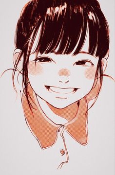 a drawing of a girl with bangs and a smile on her face, wearing a collared shirt